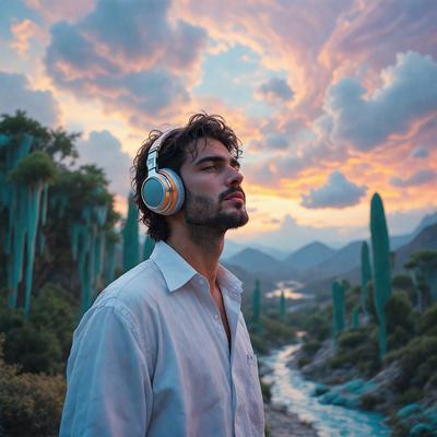 The primary subject of the image is a man wearing headphones and standing in front of a beautiful landscape. The setting includes a river, mountains, and a forest with many trees. The visual style of the image is a photo, capturing the man and his surroundings in a natural environment. The colors and mood of the image are vibrant and serene, with the man enjoying his time in the picturesque landscape.
